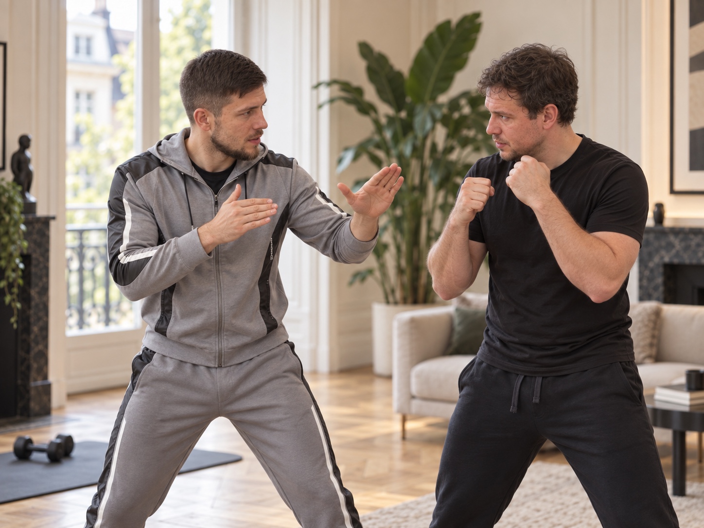Séance privée de coaching à domicile : Mikhail guide un client dans un appartement à Uccle.