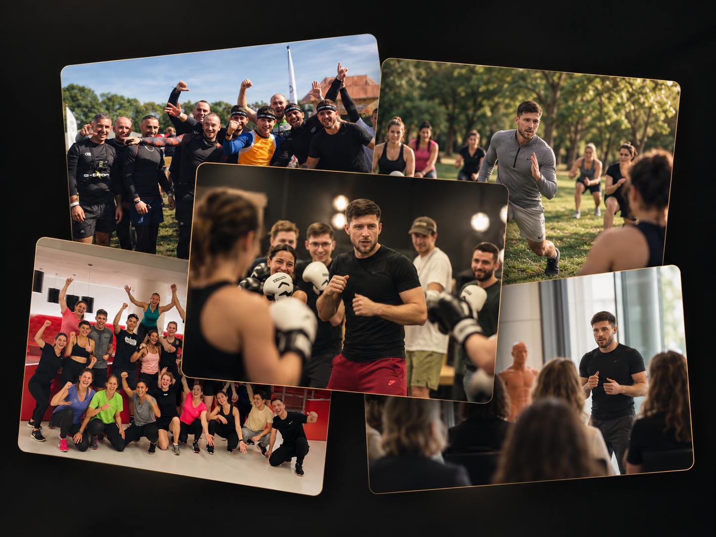 Collage de séances avec Mikhail : groupes, boxe, coaching en entreprise et en extérieur.
